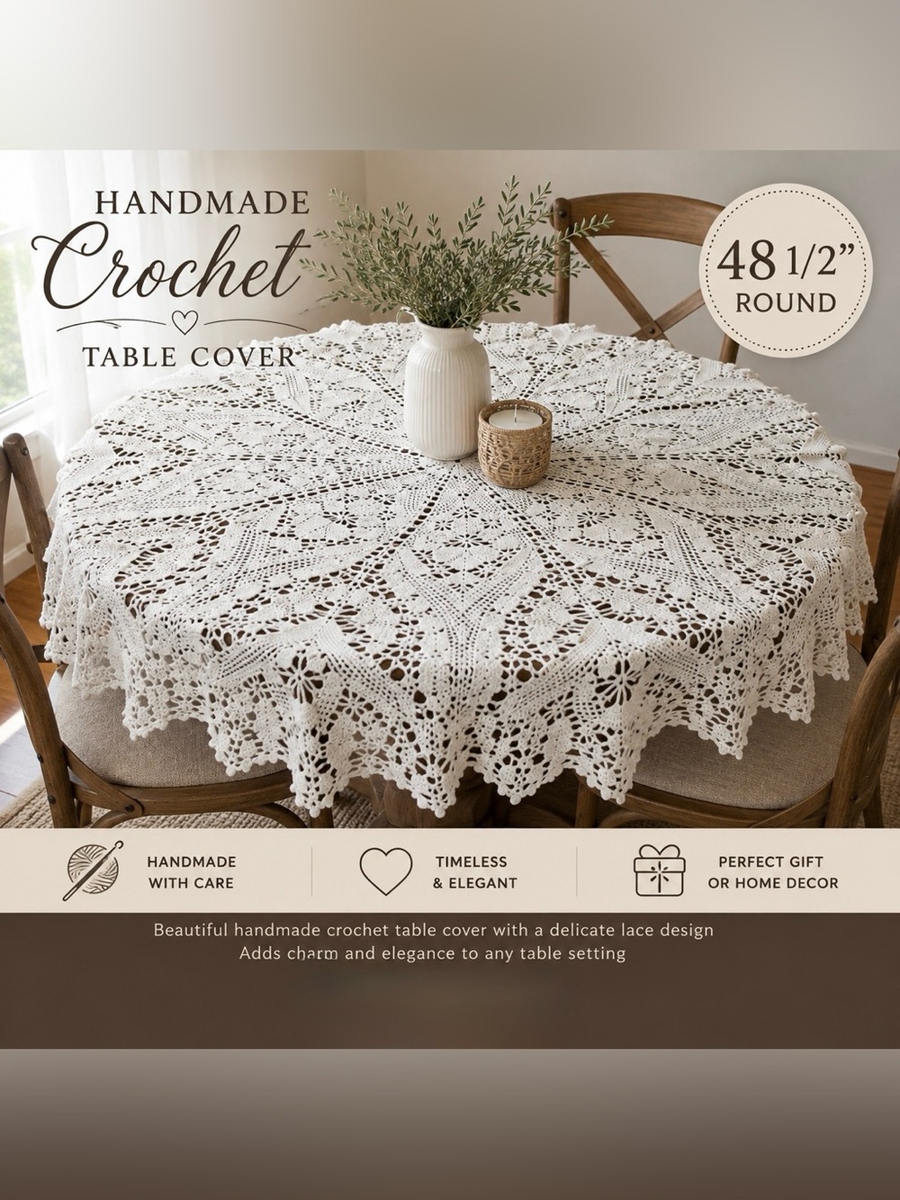 Handmade Vintage Crochet Round Table Cover 48.5” – Ivory Floral Lace
